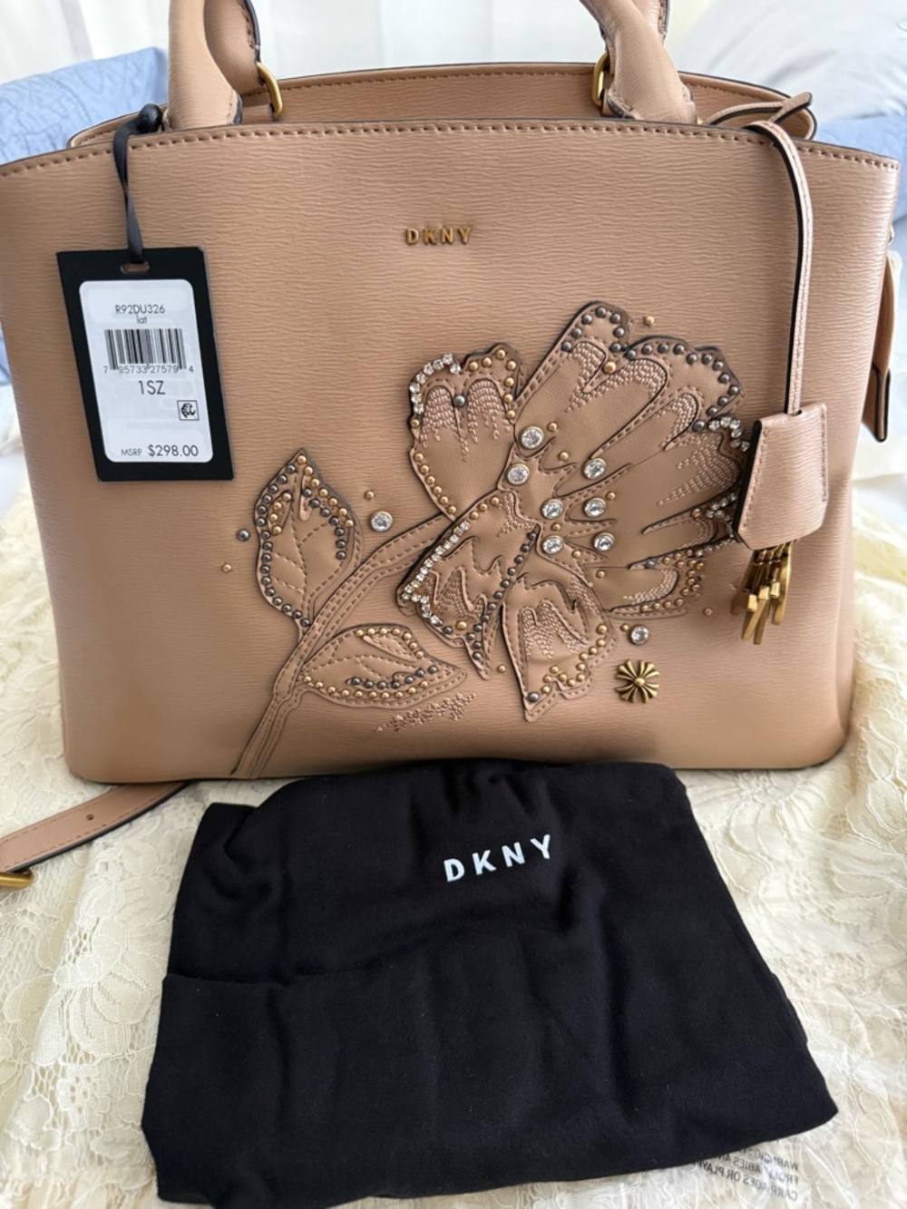DKNY Blush Tan Floral Studded Leather Satchel